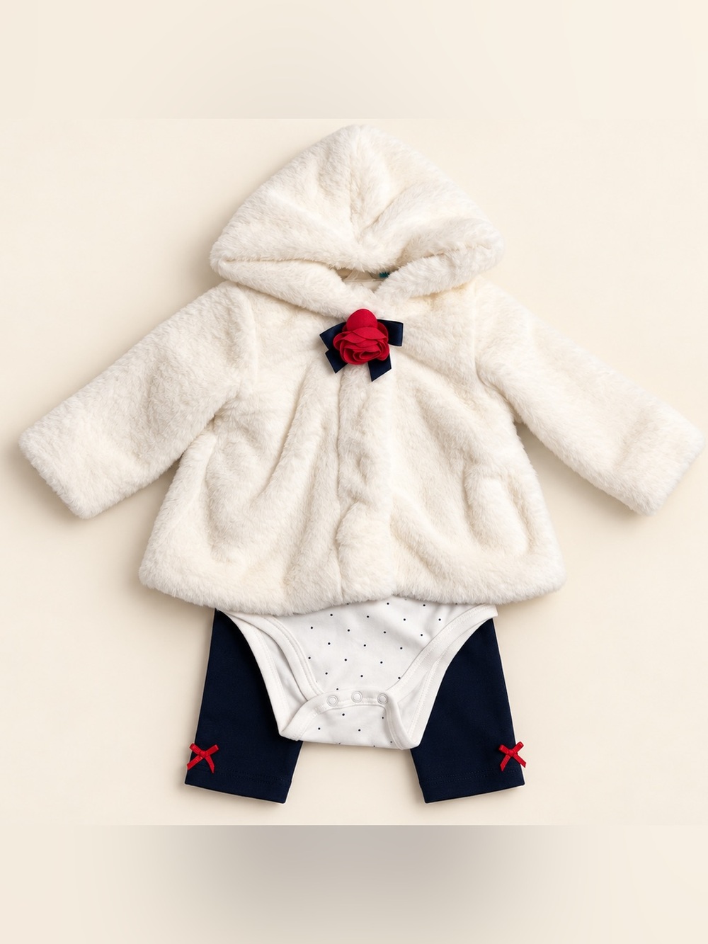 Baby Hooded Faux-Fur Coat with Red Flower Accent, Longsleeve diaper shirt, tight